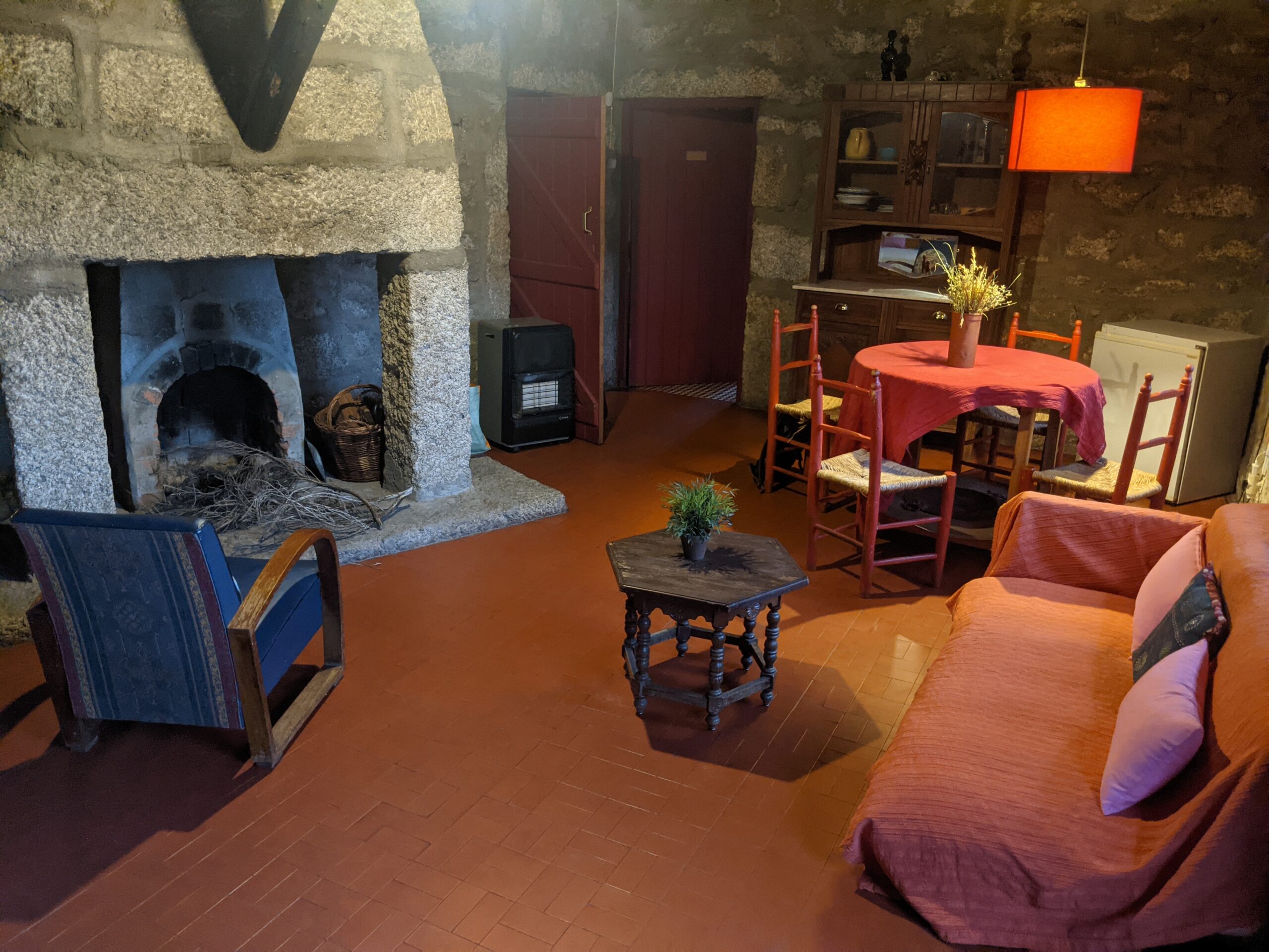 The living room and fireplace