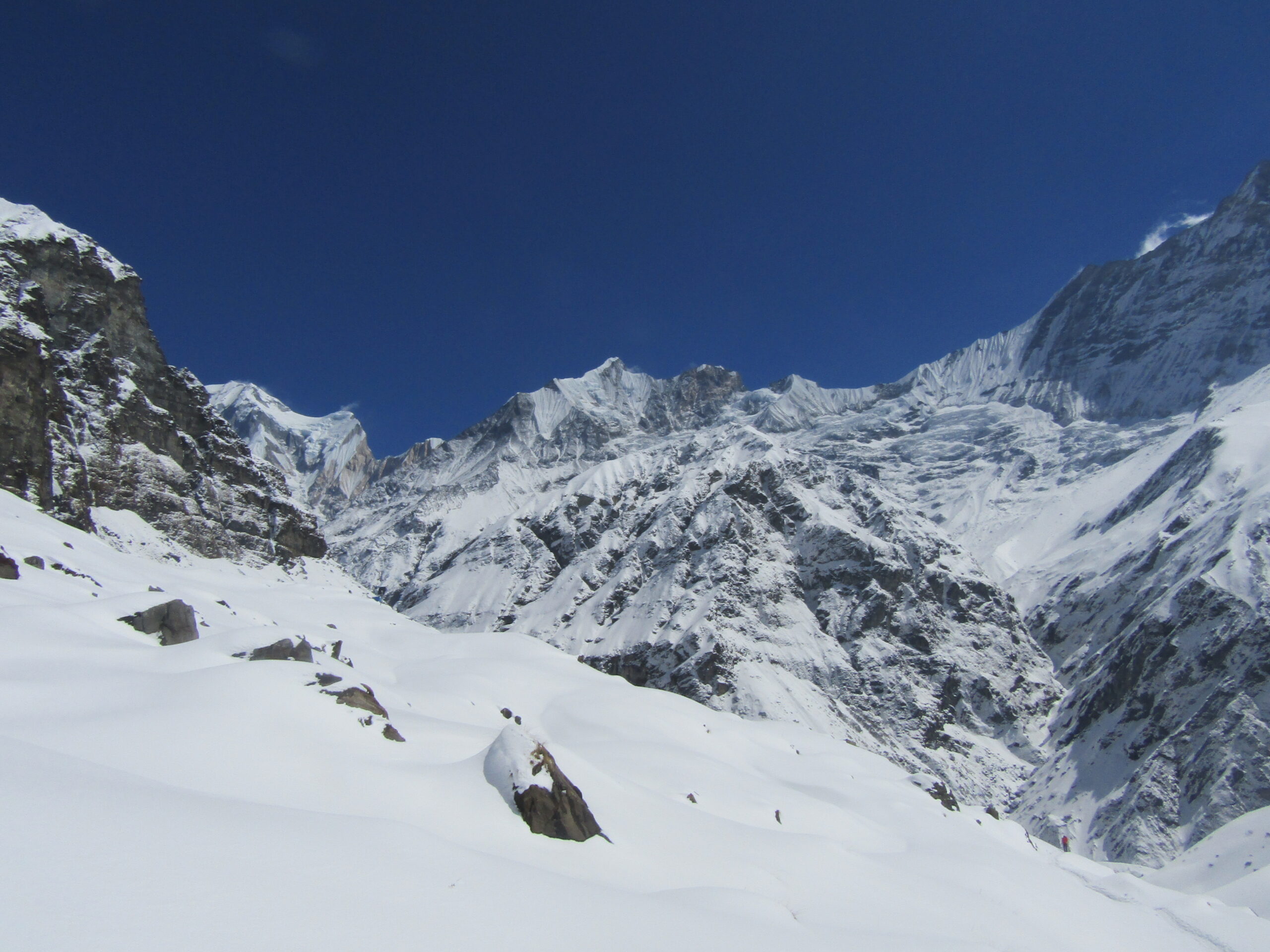 Surrounded by huge peaks and deep snow